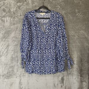 Cynthia Rowley Women Blue Floral Popover Top Size 3X 3/4 Sleeve Flowy Cottage